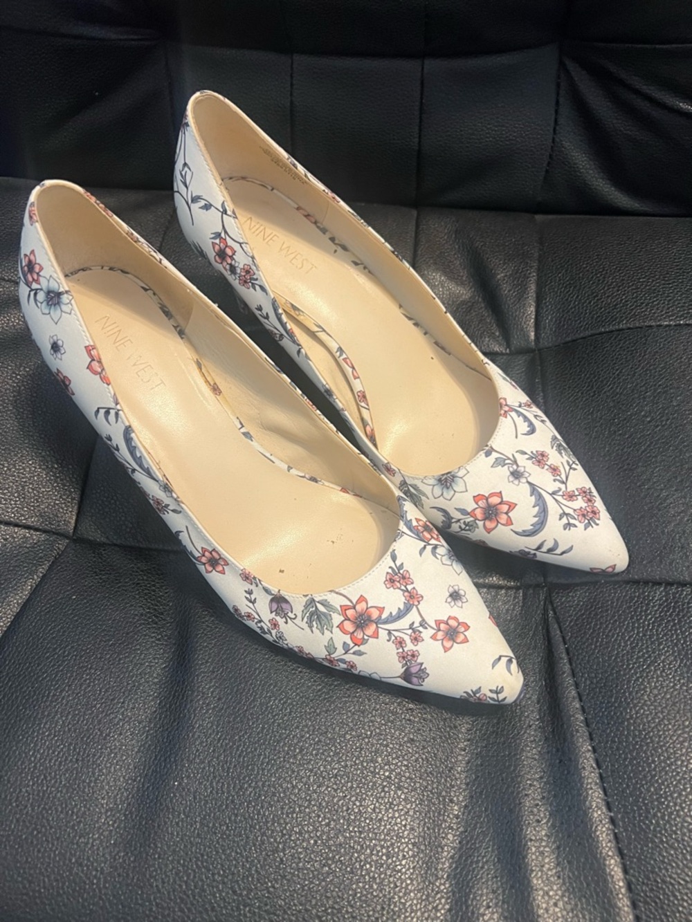 Nine West White Floral Pointed Toe Pumps with Pink & Blue Blooms